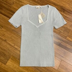 Hem & Thread Knit Top Short Sleeve Sweetheart Neck Ribbed Blouse Womens Size‎ M